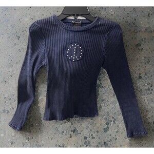 Xtraordinary Navy Ribbed Long Sleeved Shirt | Rhinestone Peace Sign | L
